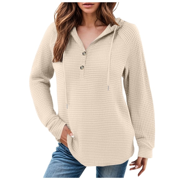 Kaprioy Hoodies for Women Waffle Pullover Sweatshirts Casual V Neck Comfy Hoody Long Sleeve Fall Fashion Button Tops Light Yellow, M