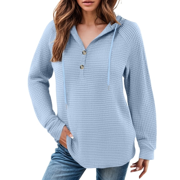 Kaprioy Hoodies for Women Waffle Pullover Sweatshirts Casual V Neck Comfy Hoody Long Sleeve Fall Fashion Button Tops Sky Blue, M