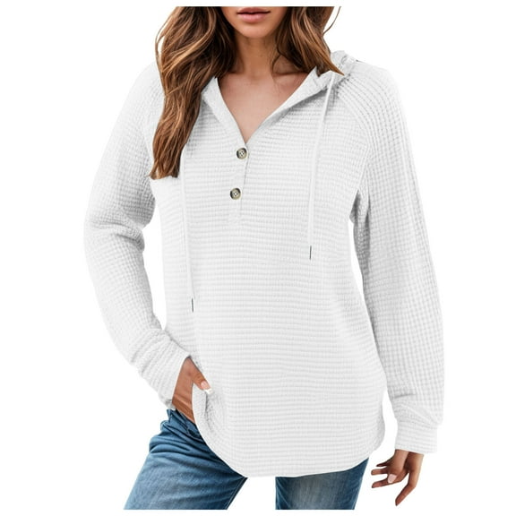 Kaprioy Hoodies for Women Waffle Pullover Sweatshirts Casual V Neck Comfy Hoody Long Sleeve Fall Fashion Button Tops White, XXL