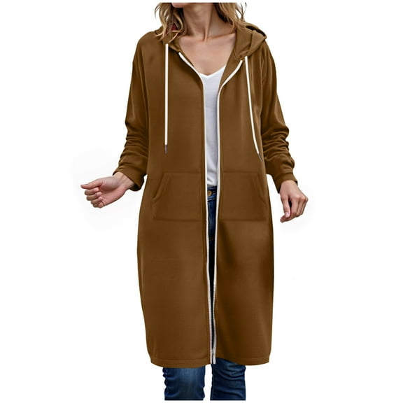 Kaprioy Long Hoodies For Women Zip Up Double Zipper Fleece Jacket Tunic Sweatshirts Winter Fall Fashion Clothes Oversized Jackets with Pockets Brown, XXXL
