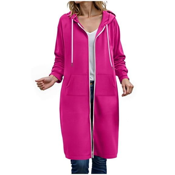 Kaprioy Long Hoodies For Women Zip Up Double Zipper Fleece Jacket Tunic Sweatshirts Winter Fall Fashion Clothes Oversized Jackets with Pockets Hot Pink, XXXL
