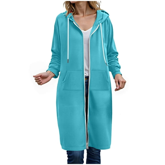 Kaprioy Long Hoodies For Women Zip Up Double Zipper Fleece Jacket Tunic Sweatshirts Winter Fall Fashion Clothes Oversized Jackets with Pockets Light Blue, XXXXXL