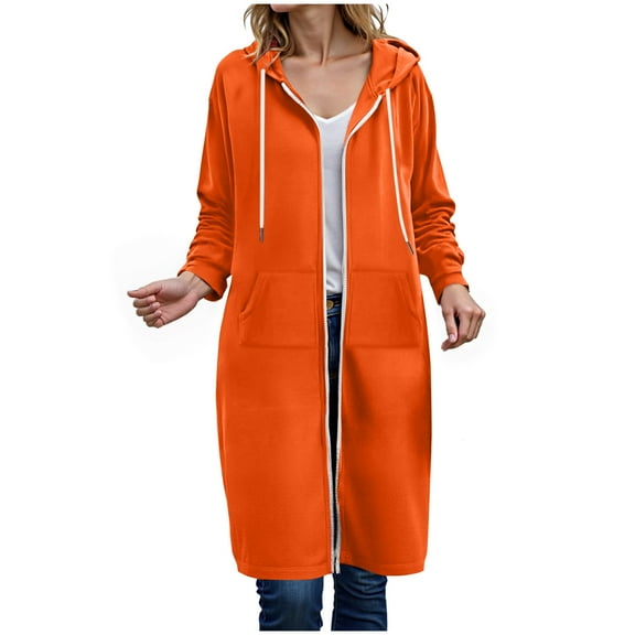Kaprioy Long Hoodies For Women Zip Up Double Zipper Fleece Jacket Tunic Sweatshirts Winter Fall Fashion Clothes Oversized Jackets with Pockets Orange, XXXXXL