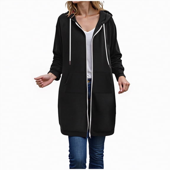 Kaprioy Long Hoodies For Women Zip Up Double Zipper Fleece Jacket Tunic Sweatshirts Winter Fall Fashion Clothes Oversized Jackets with Pockets Solid Color Long Hooded Sweatshirt