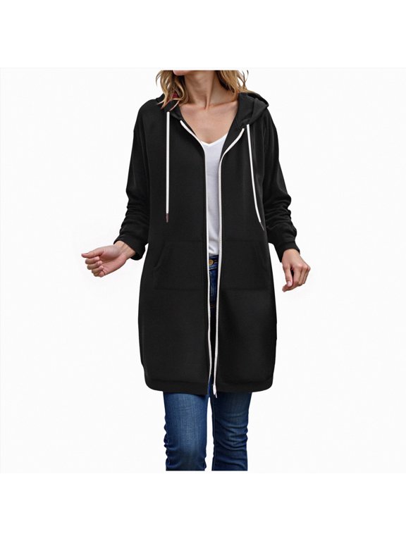 Long Hoodies For Women Zip Up Double Zipper Fleece Jacket Tunic Sweatshirts Winter Fall Fashion Clothes Oversized Jackets with Pockets Solid Color Long Hooded Sweatshirt
