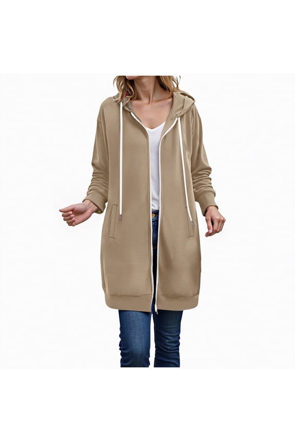 Long Hoodies For Women Zip Up Double Zipper Fleece Jacket Tunic Sweatshirts Winter Fall Fashion Clothes Oversized Jackets with Pockets Solid Color Long Hooded Sweatshirt