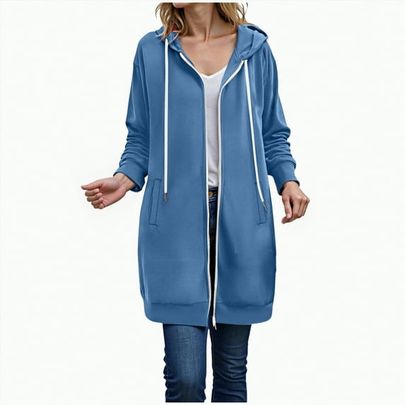 Kaprioy Long Hoodies For Women Zip Up Double Zipper Fleece Jacket Tunic Sweatshirts Winter Fall Fashion Clothes Oversized Jackets with Pockets Solid Color Long Hooded Sweatshirt