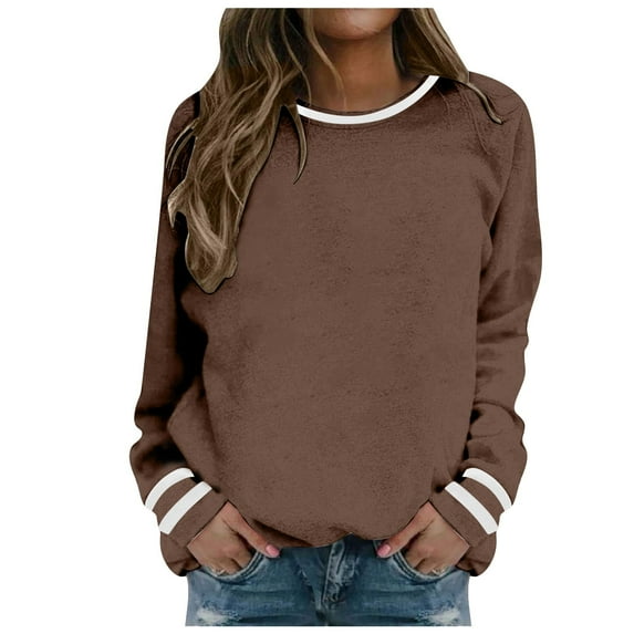 Kaprioy Long Sleeve For Women Color Block Sweatshirts Basic Pullover Casual Crewneck Tshirt Trendy Fall Fashion Clothes Coffee, XL