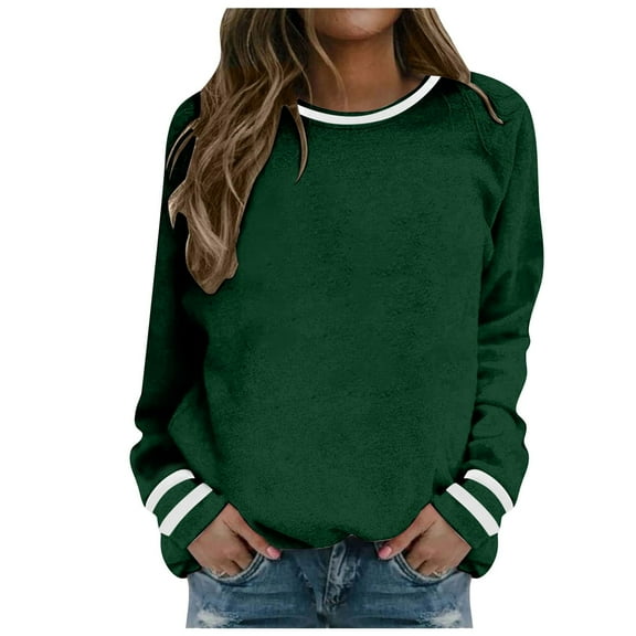 Kaprioy Long Sleeve For Women Color Block Sweatshirts Basic Pullover Casual Crewneck Tshirt Trendy Fall Fashion Clothes Dark Green, L