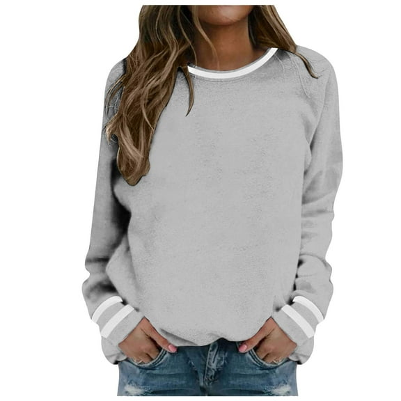 Kaprioy Long Sleeve For Women Color Block Sweatshirts Basic Pullover Casual Crewneck Tshirt Trendy Fall Fashion Clothes Grey, L