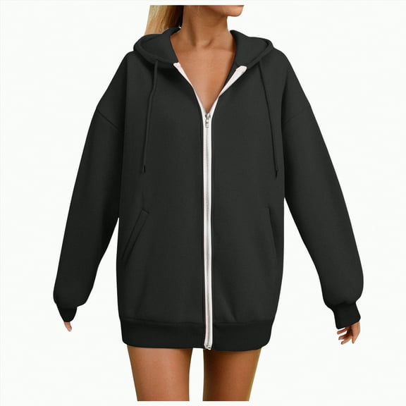 Kaprioy Long Sleeve Hoodies For Women Fall Fashion Winter Clothing Oversized Casual Hooded Sweatshirt Black, XL