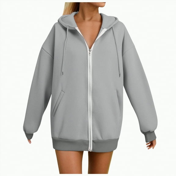 Kaprioy Long Sleeve Hoodies For Women Fall Fashion Winter Clothing Oversized Casual Hooded Sweatshirt Grey, XXL