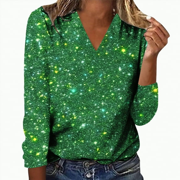 Kaprioy Long Sleeve Sequin Tops for Women Round Neck Party Blouse Fall Fashion Clothing Sparkle Glitter Party Elegant Party Clubwear Green, XXL