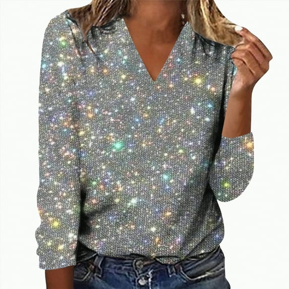 Kaprioy Long Sleeve Sequin Tops for Women Round Neck Party Blouse Fall Fashion Clothing Sparkle Glitter Party Elegant Party Clubwear Grey, M