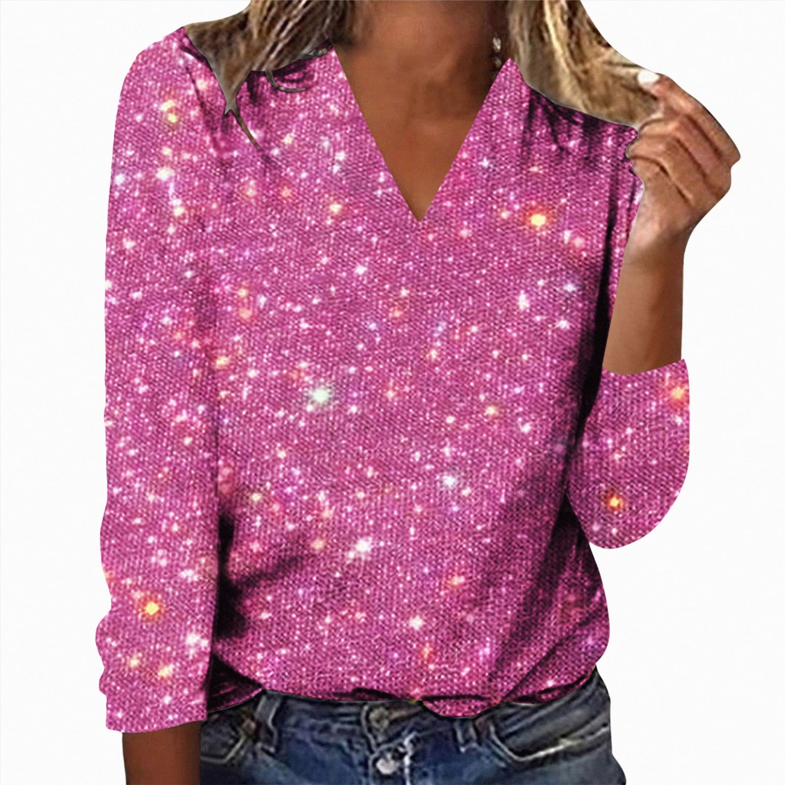 Kaprioy Long Sleeve Sequin Tops for Women Round Neck Party Blouse Fall — free download