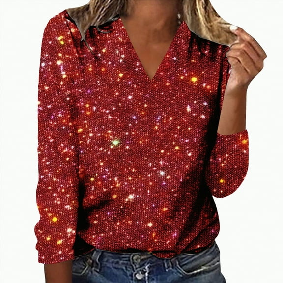 Kaprioy Long Sleeve Sequin Tops for Women Round Neck Party Blouse Fall Fashion Clothing Sparkle Glitter Party Elegant Party Clubwear Red, L