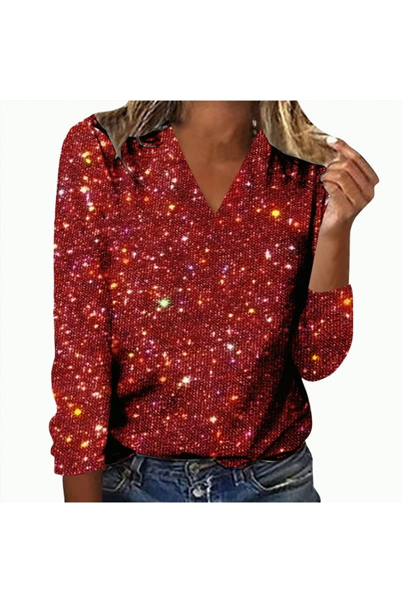 Long Sleeve Sequin Tops for Women Round Neck Party Blouse Fall Fashion Clothing Sparkle Glitter Party Elegant Party Clubwear Red, XXL