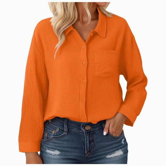 Kaprioy Long Sleeve Shirts for Womens Button Down Shirts Long Sleeve Tops Casual Collared Blouses Loose Fit Fall Clothes Women Solid Color Lapel Long Sleeve Shirts Casual Tops With Pockets
