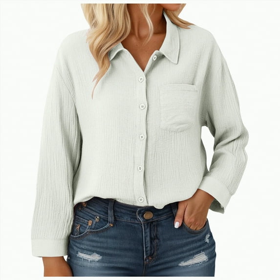 Kaprioy Long Sleeve Shirts for Womens Button Down Shirts Long Sleeve Tops Casual Collared Blouses Loose Fit Fall Clothes Women Solid Color Lapel Long Sleeve Shirts Casual Tops With Pockets