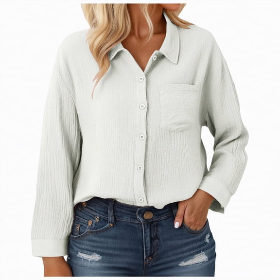 Kaprioy Long Sleeve Shirts for Womens Button Down Shirts Long Sleeve Tops Casual Collared Blouses Loose Fit Fall Clothes Women Solid Color Lapel Long Sleeve Shirts Casual Tops With Pockets