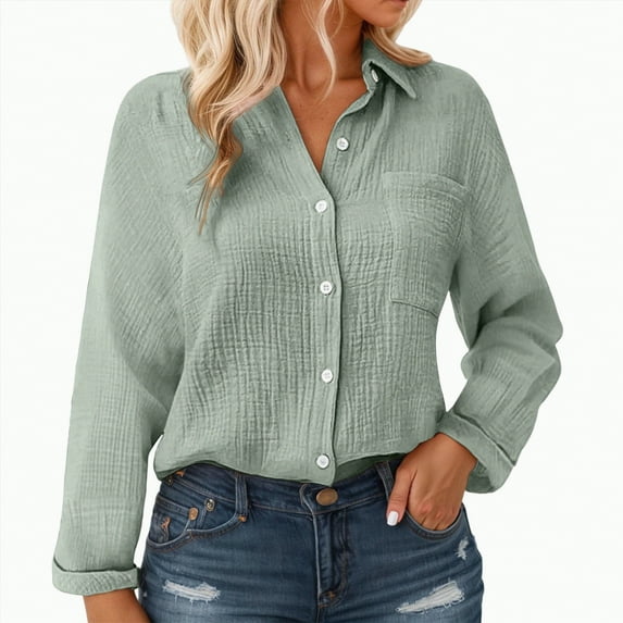 Kaprioy Long Sleeve Shirts for Womens Button Down Shirts Long Sleeve Tops Casual Collared Blouses Loose Fit Fall Clothes Women Solid Color Lapel Long Sleeve Shirts Casual Tops With Pockets