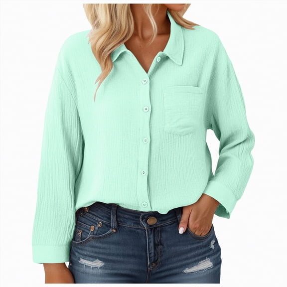Kaprioy Long Sleeve Shirts for Womens Button Down Shirts Long Sleeve Tops Casual Collared Blouses Loose Fit Fall Clothes Women Solid Color Lapel Long Sleeve Shirts Casual Tops With Pockets