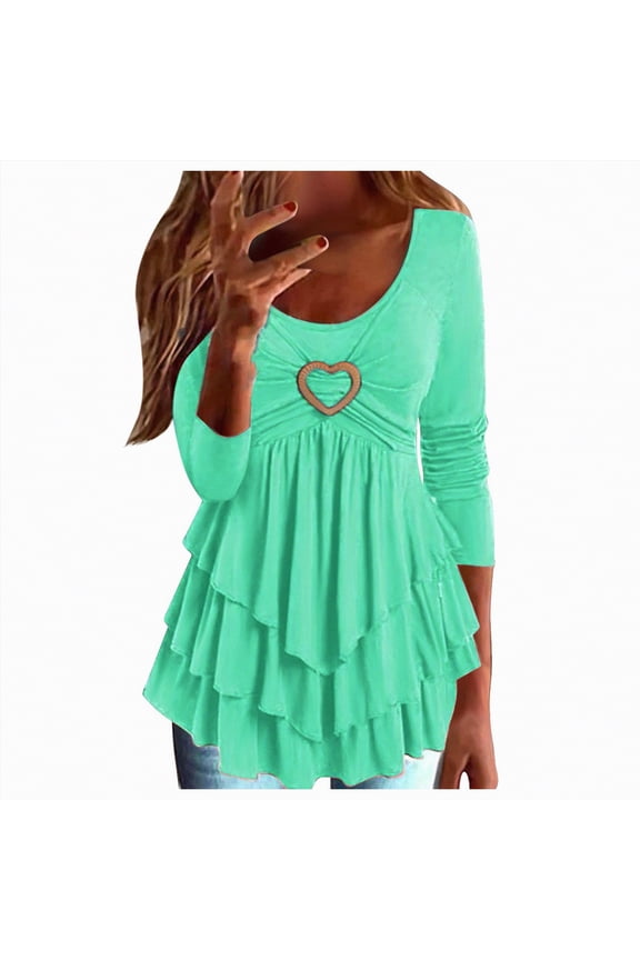 Long Sleeve Shirts for Women Dressy Casual Fall Fashion Blouses Ruffle Tiered Swing Tunic Going Out Tops Blue, XXL