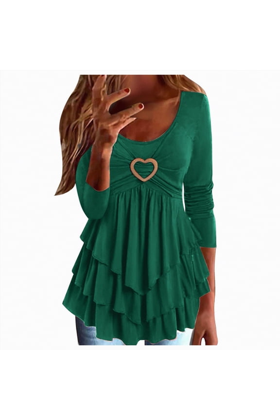 Long Sleeve Shirts for Women Dressy Casual Fall Fashion Blouses Ruffle Tiered Swing Tunic Going Out Tops Green, XL