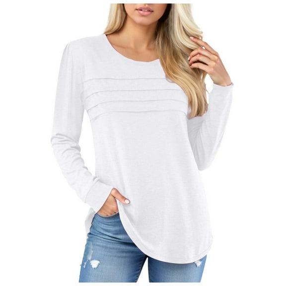 Kaprioy Long Sleeve Shirts for Women Fall Fashion 2025 Dressy Casual Blouses Trendy Pleated Tunic Tops White, XXL