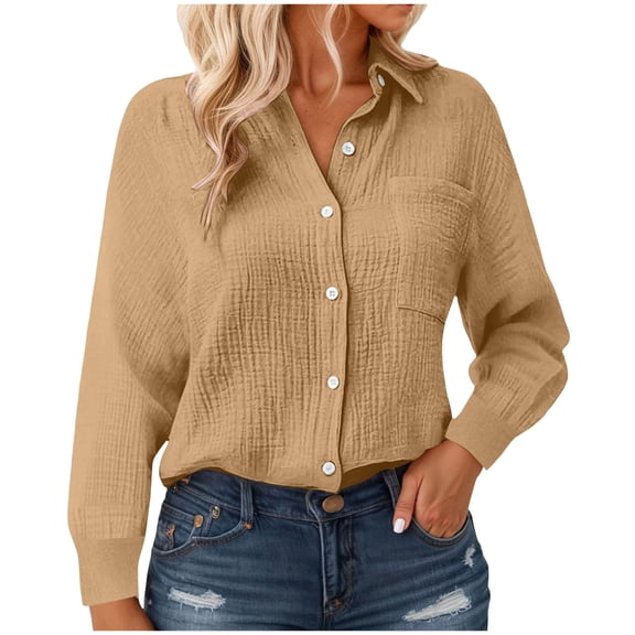 Kaprioy Long Sleeve Shirts for Womens Button Down Shirts Long Sleeve Tops Casual Collared Blouses Loose Fit Fall Clothes Gold, S