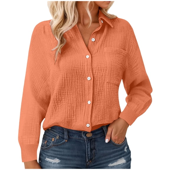 Kaprioy Long Sleeve Shirts for Womens Button Down Shirts Long Sleeve Tops Casual Collared Blouses Loose Fit Fall Clothes Orange, S