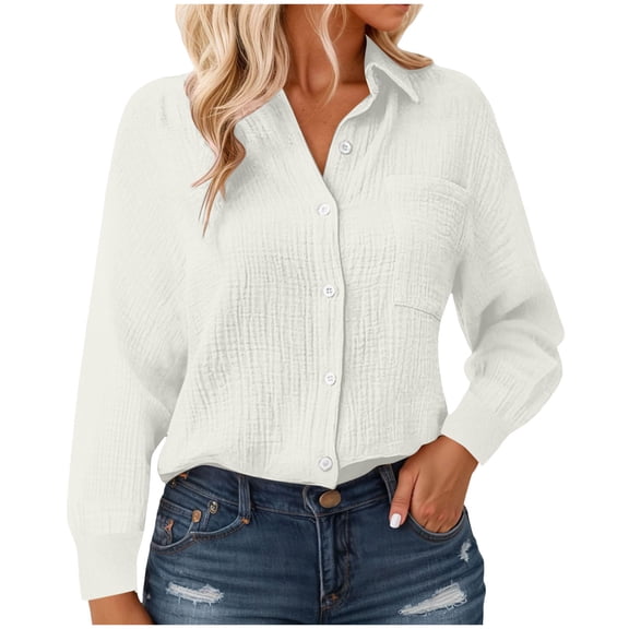 Kaprioy Long Sleeve Shirts for Womens Button Down Shirts Long Sleeve Tops Casual Collared Blouses Loose Fit Fall Clothes White, S