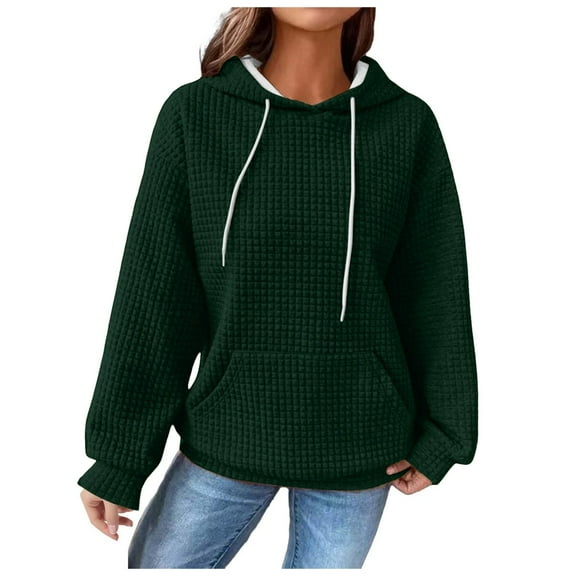 Kaprioy Long Sleeve Tops For Women Hoodies Casual Drawstring Waffle Pullover Tops Loose Hooded Sweatshirt with Pocket Dark Green, M