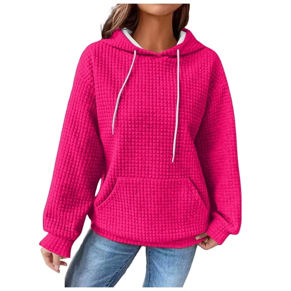 Kaprioy Long Sleeve Tops For Women Hoodies Casual Drawstring Waffle Pullover Tops Loose Hooded Sweatshirt with Pocket Hot Pink, M