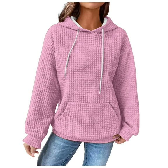Kaprioy Long Sleeve Tops For Women Hoodies Casual Drawstring Waffle Pullover Tops Loose Hooded Sweatshirt with Pocket Pink, XXL