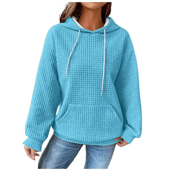 Kaprioy Long Sleeve Tops For Women Hoodies Casual Drawstring Waffle Pullover Tops Loose Hooded Sweatshirt with Pocket Sky Blue, M