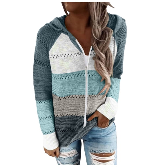 Kaprioy Long Sleeve Tops For Women Pullover Fall Fashion Clothing Color Block Hooded Lightweight Drawstring Hoodies Swearshirts Blue, L