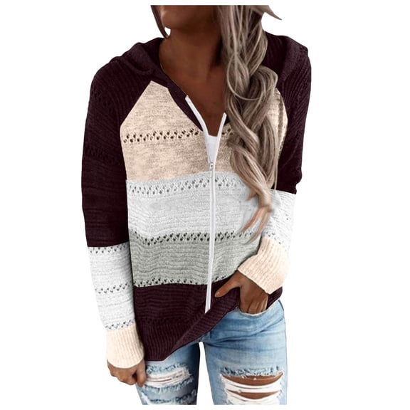 Kaprioy Long Sleeve Tops For Women Pullover Fall Fashion Clothing Color Block Hooded Lightweight Drawstring Hoodies Swearshirts Red, L