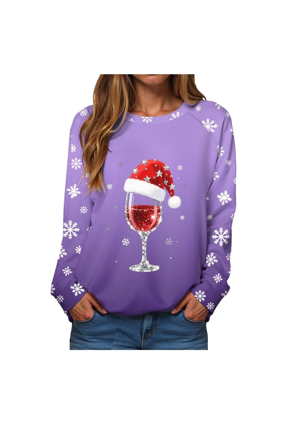 Merry Christmas Sweatshirts for Women Cute Festival Graphic Prints Long Sleeve Going Out Tops Fall Fashion Sweatshirt Purple, XL