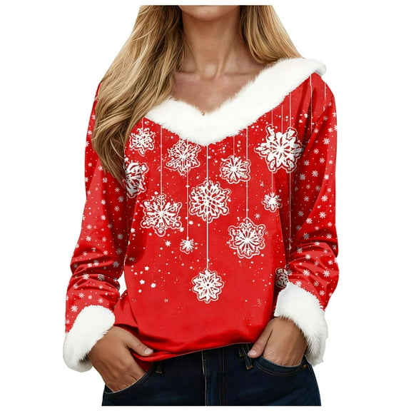 Kaprioy Merry Christmas Tops for Women Faux Fur Trim V Neck Blouse Graphic Xmas Long Sleeve Fashion Winter Clothing White, L