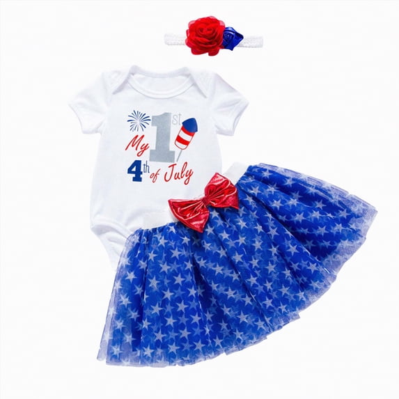 Kaprioy My First 4th of July Baby Girl Outfit Cute Sweet Bow Letter Print Sleeveless Romper Tutu Skirt Headband Girls Independence Day Clothes Sets