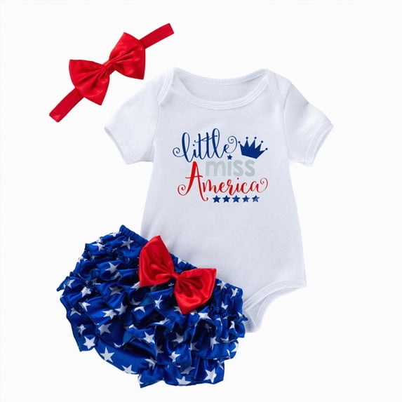 Kaprioy My First 4th of July Baby Girl Outfit Short Sleeve Romper Ruffle Bloomer Set Headband 3Pcs Independence Day Clothes