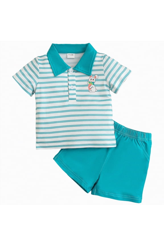 My First Easter Baby Girl Outfit Girls Clothes Bunny Embroidered Striped Short Sleeve Lapel T-shirt Shorts Outfit