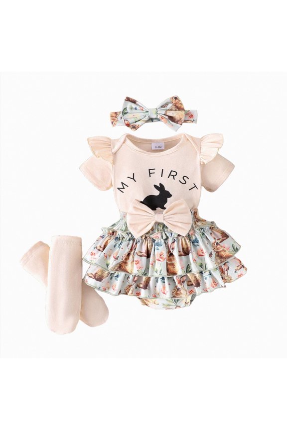 My First Easter Baby Girl Outfit Girls Clothes Bunny Ruffle Sleeve Romper Shorts Bow Hairband Stockings Set Cute Infant Girl Clothes