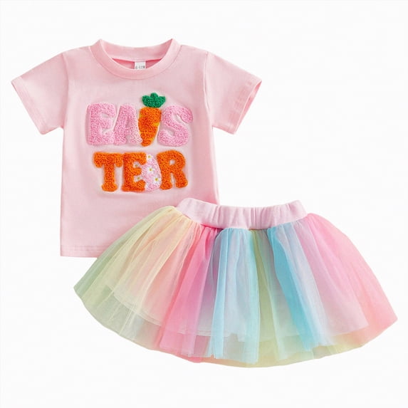 Kaprioy My First Easter Baby Girl Outfit Girls Clothes Easter Letter Embroidery Short Sleeve Ruffle Shirt T-Shirt Tops Mesh Tulle Tutu Skirt Set