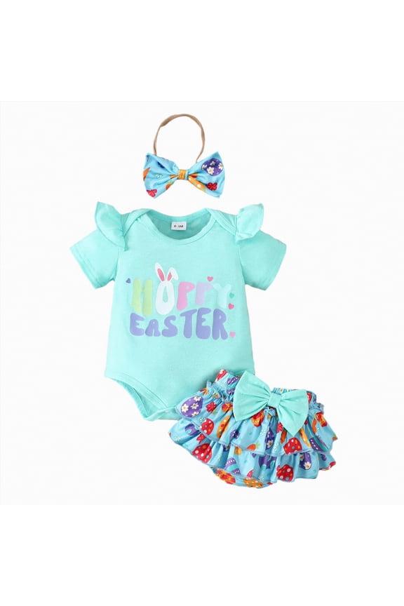 My First Easter Baby Girl Outfit Girls Clothes Infant Baby Girl Easter Outfits Cute Easter Alphabet Egg Printed Dress Headband 3PCS Set