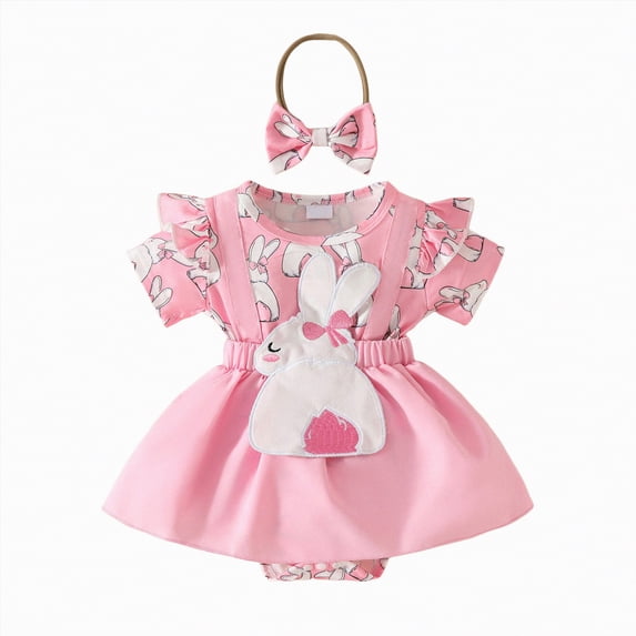 Kaprioy My First Easter Baby Girl Outfit Girls Clothes Newborn Baby Girl Easter Outfit Short Sleeve Bunny Embroidery Suspender Romper Dress Headband