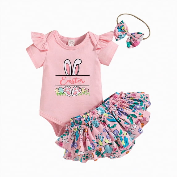 Kaprioy My First Easter Baby Girl Outfit Girls Clothes Round Neck Short Sleeve Rabbit Buttoned Crotch Romper Multi Layer Skirt Shorts with Hairband