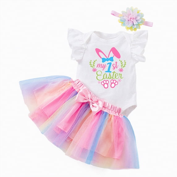Kaprioy My First Easter Baby Girl Outfit Girls Clothes Ruffle Bodysuit and Tutu Skirt Outfit with Headband