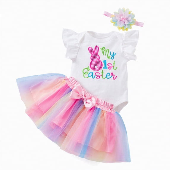 Kaprioy My First Easter Baby Girl Outfit Girls Clothes Short Sleeve Bunny Romper Tulle Tutu Skirt 1st Easter Day Outfit Clothes Clothing Sets